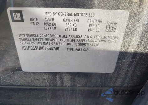 2012 Chevrolet Cruze Ls из США, поврежденный, VIN 1G1PC5SH9C7394740